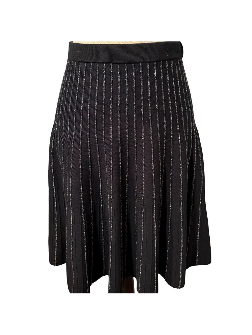 Carmen Marc Valvo Black & Metallic Silver Striped Sweater Skirt - Size M